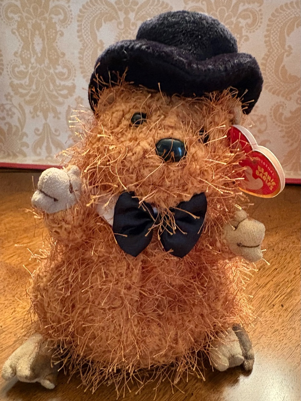 2005 Ty Fuzzy Brown Hedgehog Plush with Black Hat & Bow